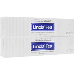 Zwei weiße Schachteln mit der Aufschrift "Linola Fett" liegen übereinander.