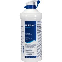 Weiße Flasche mit der Aufschrift "Optiderm Creme" und blauer Pumpe oben.