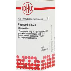 Die Verpackung zeigt "Chamomilla C 30" Streukügelchen von DHU.
