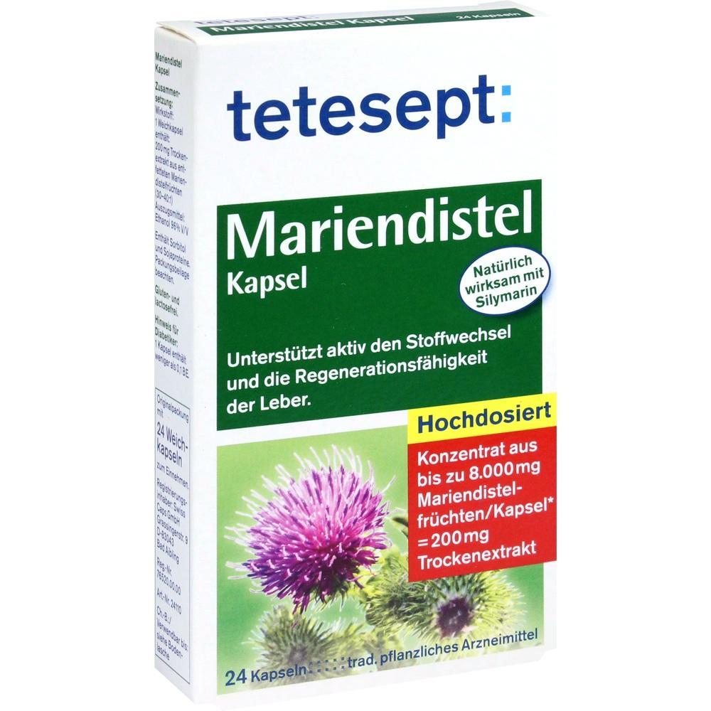 Verpackung einer Mariendistel-Kapsel mit Bild einer lila Blüte.