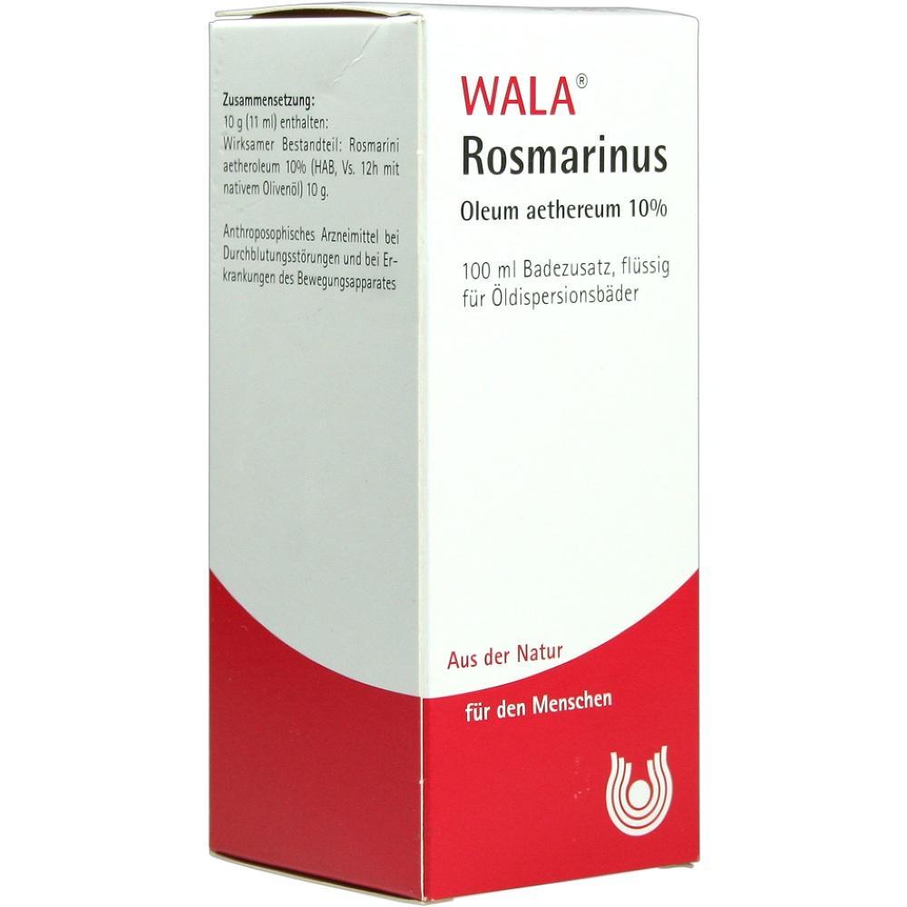 Weiße Schachtel mit rotem Streifen, darauf steht "WALA Rosmarinus" für Ölbäder.