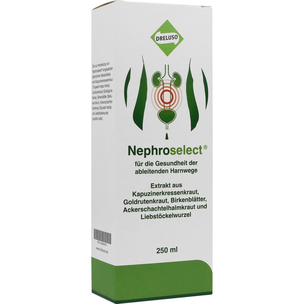 Verpackung von Nephroselect mit Heilpflanzenauszug für die Gesundheit der Harnwege.