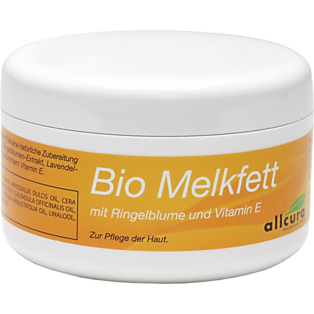 Ein runder Tiegel mit der Aufschrift "Bio Melkfett" für Hautpflege.