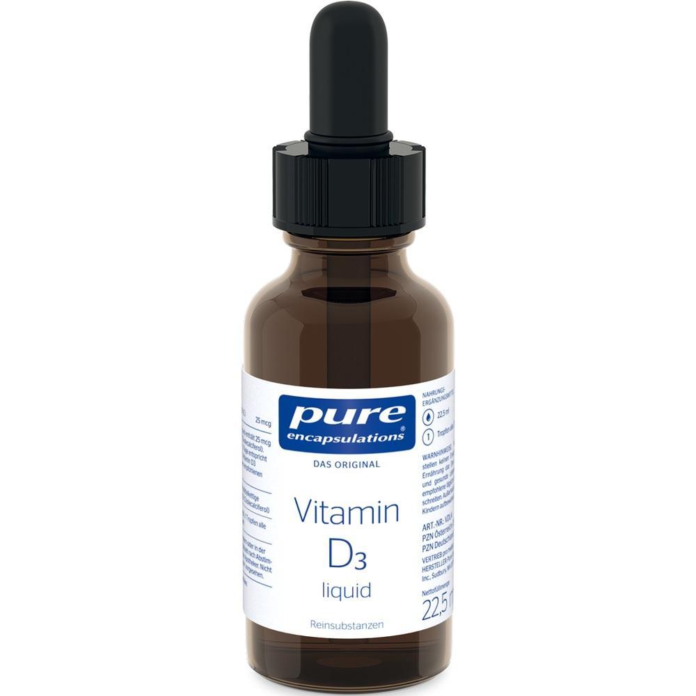 Braune Glasflasche mit Pipette und Etikett für flüssiges Vitamin D3.